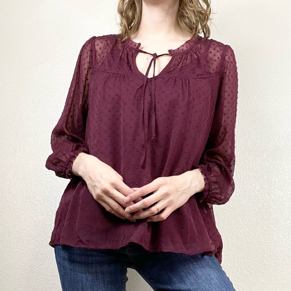 Abercrombie Burgundy Polka Dot Sheer Peasant Blouse